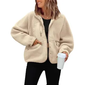 Womens Fuzzy Fleece Jacket Button Down Sherpa Coats Casual Winter Warm Outwear with Pockets Tops Womenswear