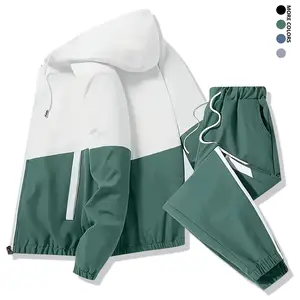 Men’s Casual 2-Piece Sports Set Unisex Couples’ Four-Season Spring and Autumn Loose Color-Block Outfit with Hooded Zip-Up Jacket, Long-Sleeve Coat, Joggers, Gym Workout Running Outdoor Suit, Elastic Waist Pants, Hoodie Top and Pants Two-Piece Versatile Ev