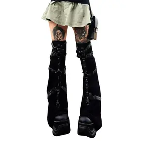Women’s Punk-Style Black Knit High-Knee Leg Warmers with Metal Buckle — Leggings/Boot Socks, Basic