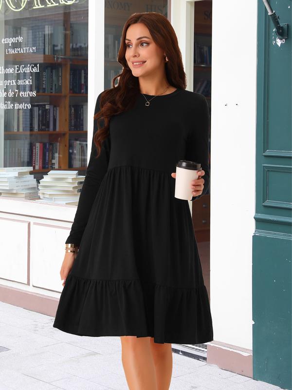 INSPIRE CHIC Women's Casual Long Sleeve Tiered Round Neck Loose A-Line Swing Dress with Pockets Black