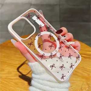 Brown Bow Polka Dot Phone Case Y2K Aesthetic Shockproof Wear-Resistant Anti-Shock Transparent Pink Magnetic Cover for iPhone11-17promax IPhone11/12/13/14/15/ Promax16/16Promax/16pro/16p