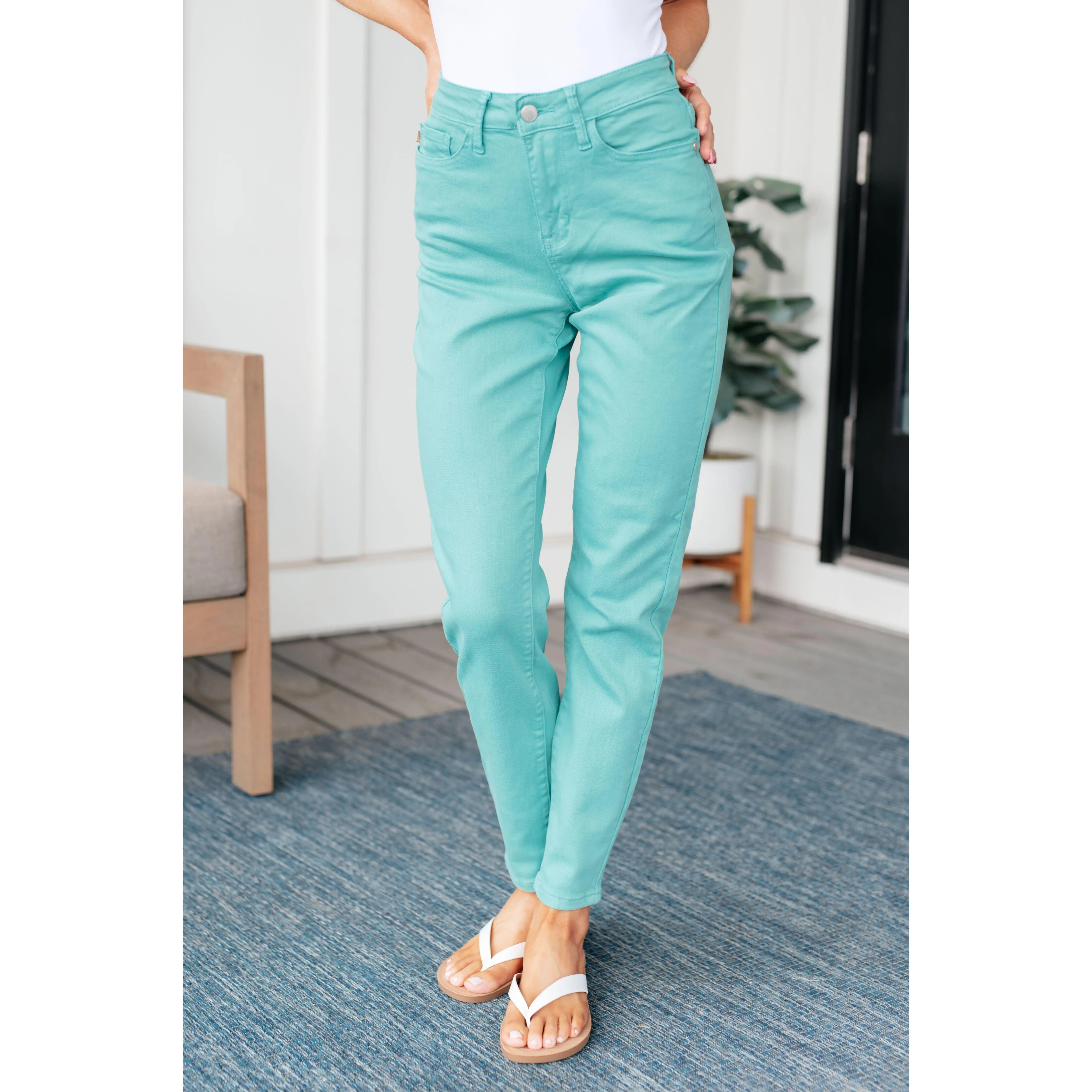 Lady's High Rise Slim Jeans in Aquamarine - Solid Garment Dyed 4-Way Stretch Spandex Ankle Length Bottoms, Basic, Pants, Flattering Jeans, Elastane, Cotton, Fitted, Stretchy Jeans