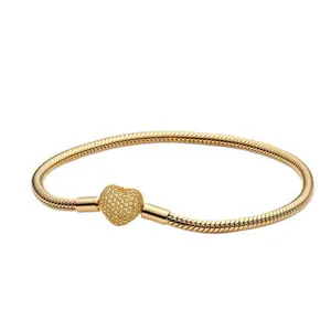[US STOCK]Moments Sparkling Heart Clasp Snake Chain Bracelet, Fit Bracelet Charm