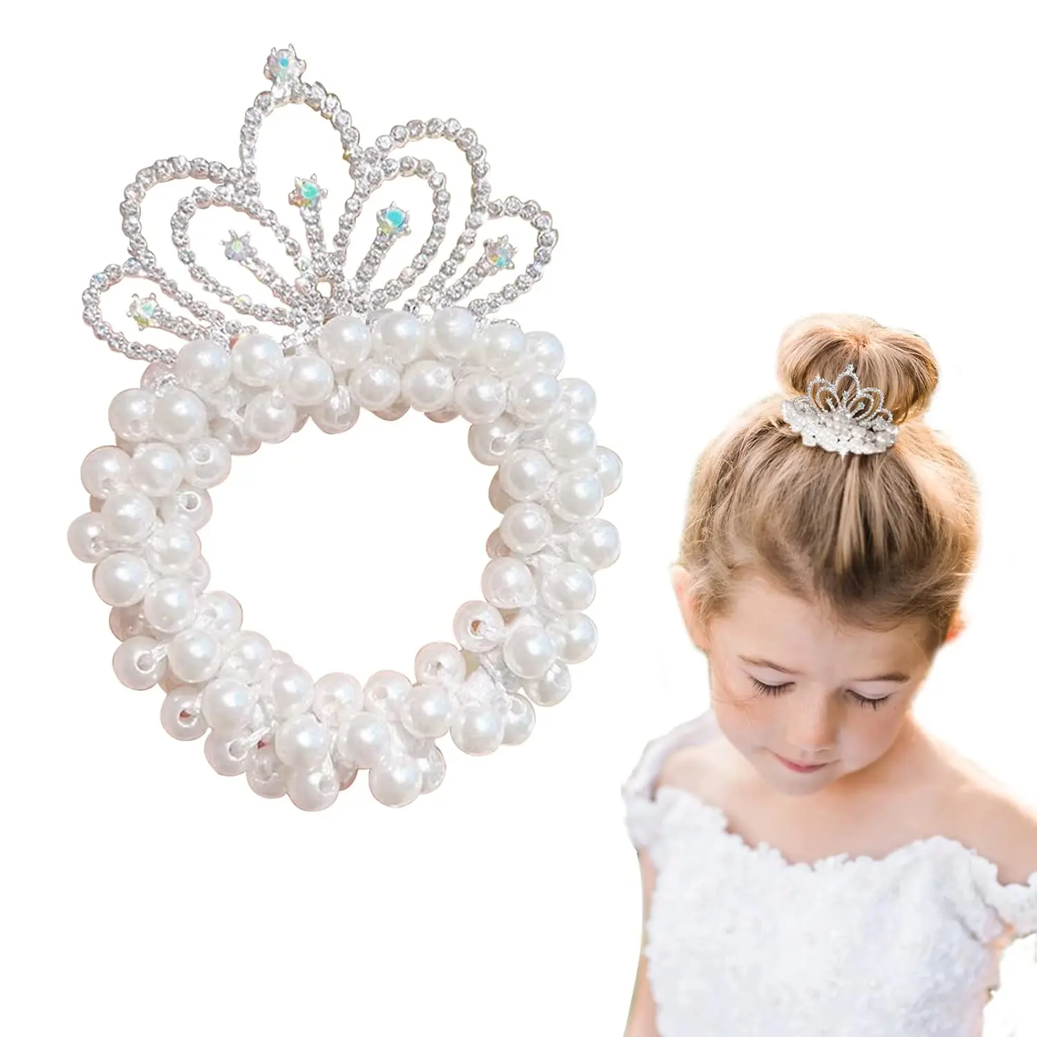 L-HDW054 Baby Toddler Hair Ties, Pearl Beads Hair Scrunchies with Crown, Hair Ties Band Elastic Hari Bands Ponytail Holders Hair Accessories for Princess Crystal Shiny Tiaras Headbands (Cloud)