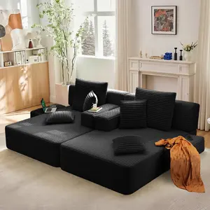 Oversized Double Chaise Lounge 2-Piece Set, Luxurious Plush Corduroy Convertible Sofa Bed with 6 Pillows and Storage Pocket, for Small Spaces,Home Theater, Living Room,Boneless Sofa summergarden