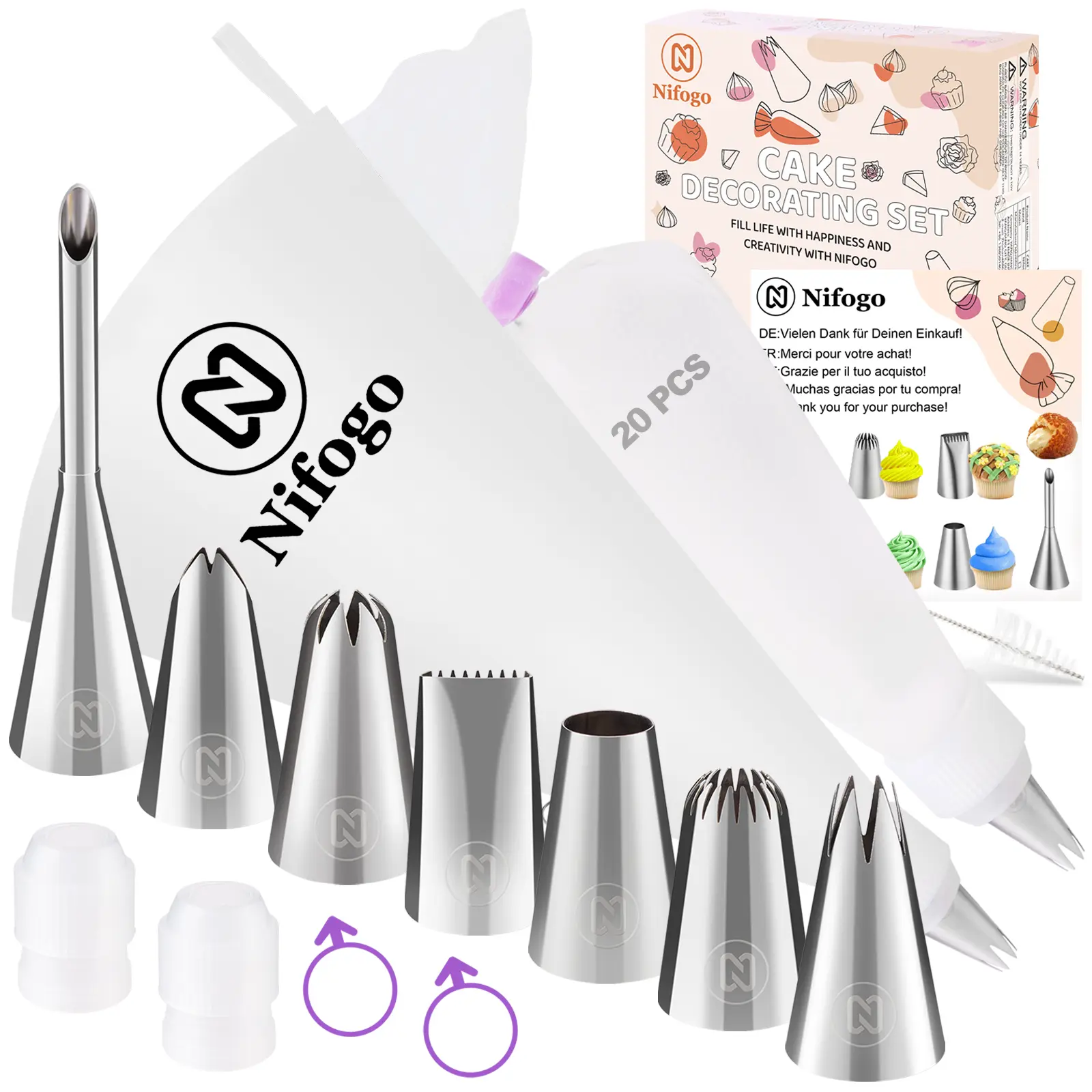 Camping Kitchen Reusable Piping Bags and Tips Set, Cake Decorating Utensils for Frosting Cookies, Cupcakes