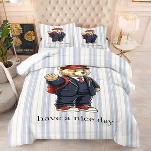A pair of teddy bear printed pattern bedding set, including 1 blanket and 1 or 2 pillowcases without pillowcases, soft children's or adult bedroom decoration gift