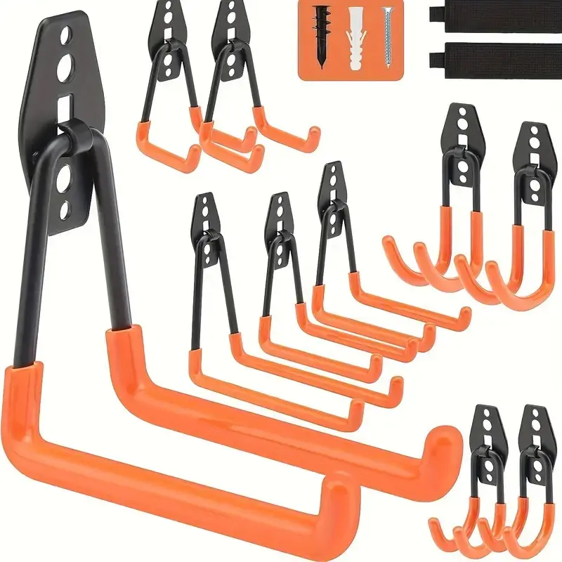12-Piece Heavy-Duty Steel Garage Storage Hooks Set with Anti-Rust Coating, Non-Slip PVC Sheath, Wall-Mount Tool Organizers for Power Tools, Ladders, Man Caves, Warehouses, Hooks + Screws, Wall Plugs (Orange)