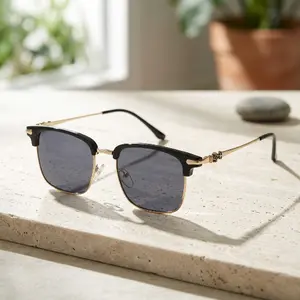 New Fashion Half Frame Sunglasses For Men Women Retro Semi Rimless Round Glasses Outdoor Cycling Sunglasses with Gold Trim and Black Lenses
