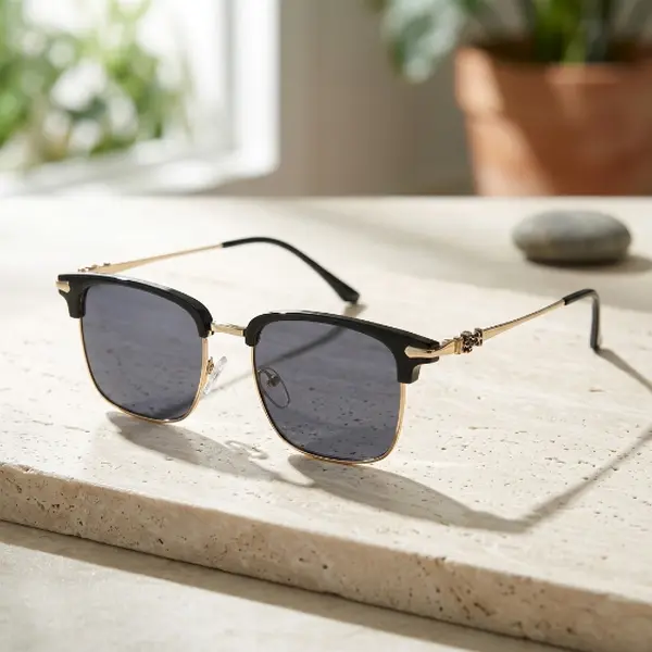 New Fashion Half Frame Sunglasses For Men Women Retro Semi Rimless Round Glasses Outdoor Cycling Sunglasses with Gold Trim and Black Lenses