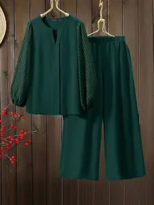 Women's European Style Solid Color Long Sleeve V-Neck Shirt + Wide Leg Pants Set, Womenswear, Outfit, Casual Fashion, Comfortable and Stylish
