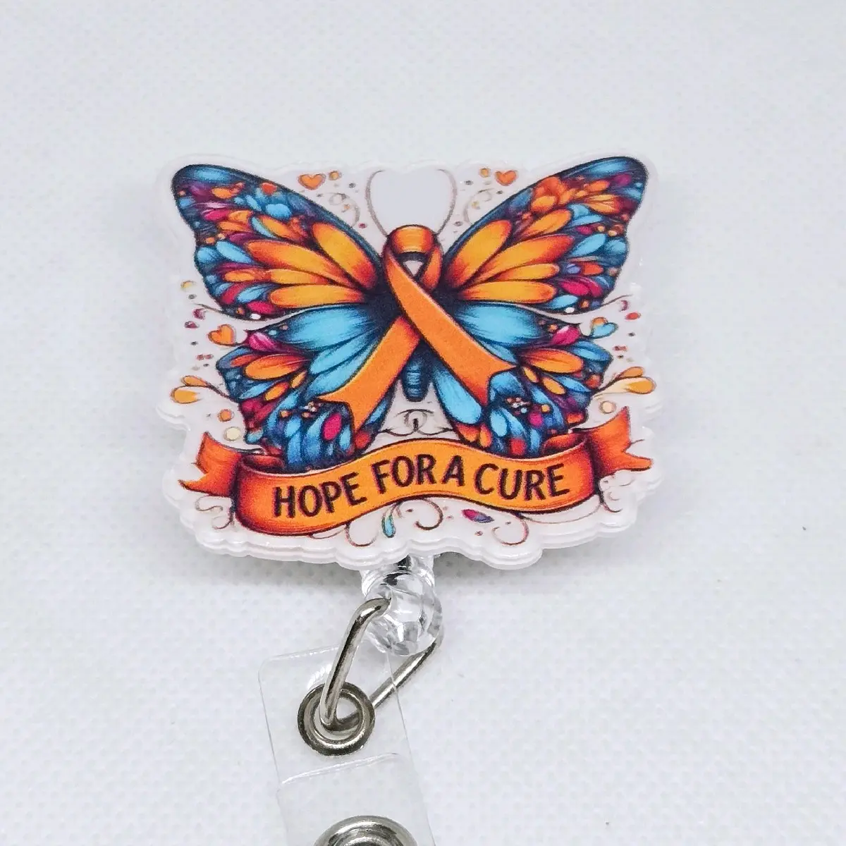 Hope for a Cure Butterfly with Orange Awareness Ribbon Acrylic Retractable Badge ID Reel Belt or Alligator Clip holders id badge hospital worker retractable clip cute