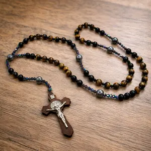 Craftsman Rosary - Hematite, Obsidian, and Tiger's Eye Beads w/ wooden Crucifix. Necklace, Jewelry, Devotional Prayer Beads