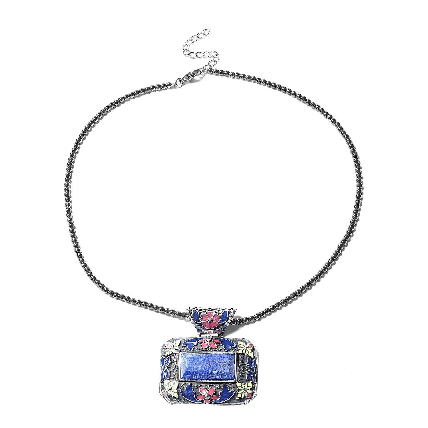 60.25 ctw Lapis Lazuli and Enameled Pendant With Hematite Beaded Necklace 18 Inch in Stainless Steel