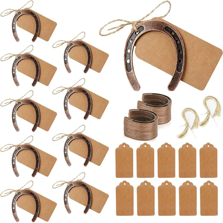 3PCS Good Luck horseshoe-shaped gifts, retro metal horseshoe-shaped with kraft paper labels, country horse shoes gifts, retro wedding party decorations, Kentucky Derby party decorations, Valentine's Day decorations