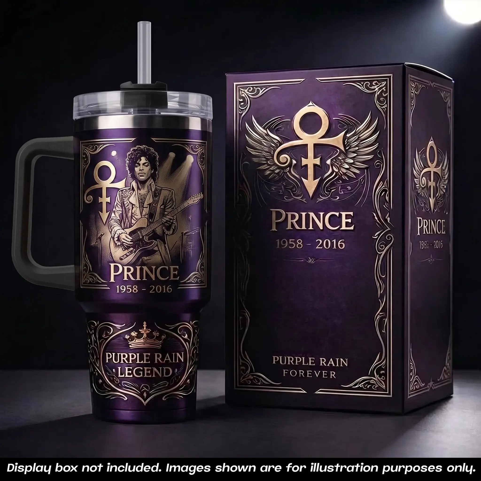 Prince 1958-2016 Tribute Insulated Tumbler - Limited Edition Purple Rain Legend Gold Engraved Reusable Travel Mug with Handle, Straw, Lid & Stylish Printed Design, Premium Stainless Steel Cup, Musician Fan Collectible Gift