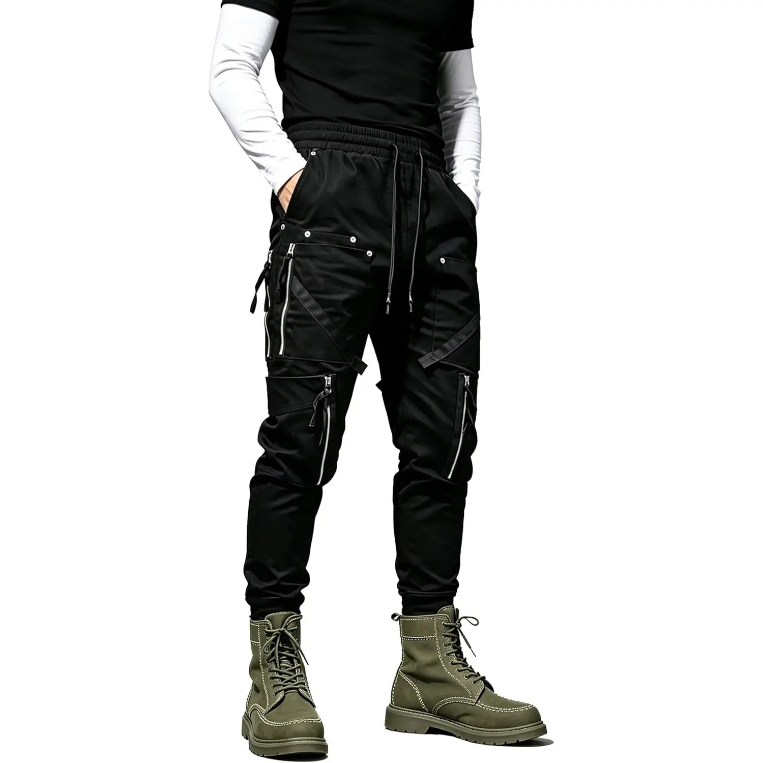 MOKEWEN Men's Cotton Techwear Cyberpunk Jogger Pants - Zipper Pockets, Elastic Ankle, Streetwear Menswear Cargo Harem Bottoms