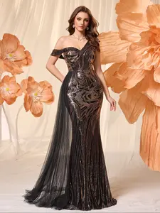 Elegant Women's Asymmetrical Neck Mesh Patchwork Sequins Bodycon Fitted Woven Evening Dress, Long Formal Party Gown, Random Cut Design