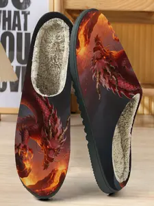 Fiery Dragon Cotton Slippers, Lava Fire Background, Scale Dragon Image, Soft Plush Inner, Casual Home Wear, Fall & Winter