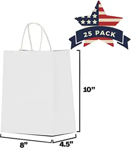 White Paper Gift Bags with Handles Bulk 25 pcs 8x4.5x10 Medium White Paper Bags for Gifts, Valentines, Shopping, Retail