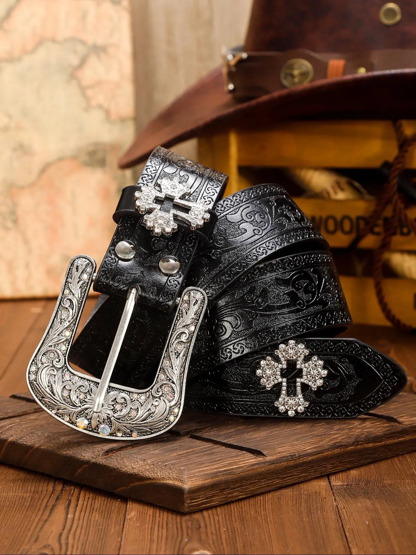 Men's Punk Style Embossing Texture Metal Design Western Belt, Textured Belt, Fashion PU Leather Black Belt for Daily Clothing Decor, Trendy All-match & Exquisite Belt As Gift, Stylish Belts, Belt with Buckle