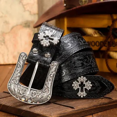 Men's Punk Style Embossing Texture Metal Design Western Belt, Textured Belt, Fashion PU Leather Black Belt for Daily Clothing Decor, Trendy All-match & Exquisite Belt As Gift, Stylish Belts, Belt with Buckle