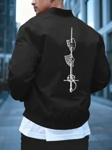 Men's Fall Outdoor Casual Comfortable Stand Collar Sweatshirt Jacket, Sword & Mask Print, Holiday Gift, Fashion Pocket Zipper Coat