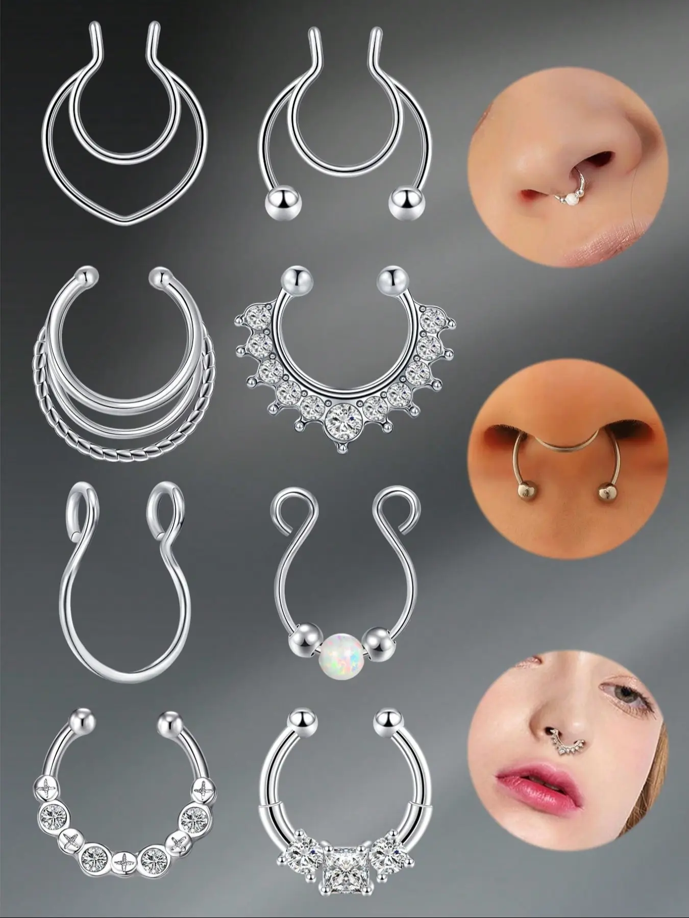 Fake Septum Rings Hoop Stainteel Steel Non Piercing CZ Opal Septum Jewelry Fake Nose Rings Clip On Septum Rings Fake Nostril Septum Piercing Body Jewelry For Women Daily Wear, Fake Horseshoe Hoop Adjustable Nose Rings, Septum Clicker, Nose Rings Hoops
