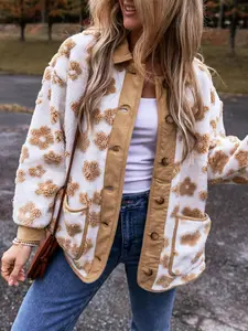 Women's Floral Jacquard Drop Shoulder Button Front Fuzzy Jacket, Casual Long Sleeve Collared Pocket Outerwear for Fall & Winter, Ladies Clothes for Daily Wear