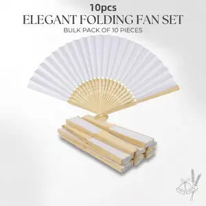 10pcs White Bamboo Folding Fans, Blank Paper Hand Fans, Lightweight Portable Fans for Weddings, Parties, DIY Crafts & Events