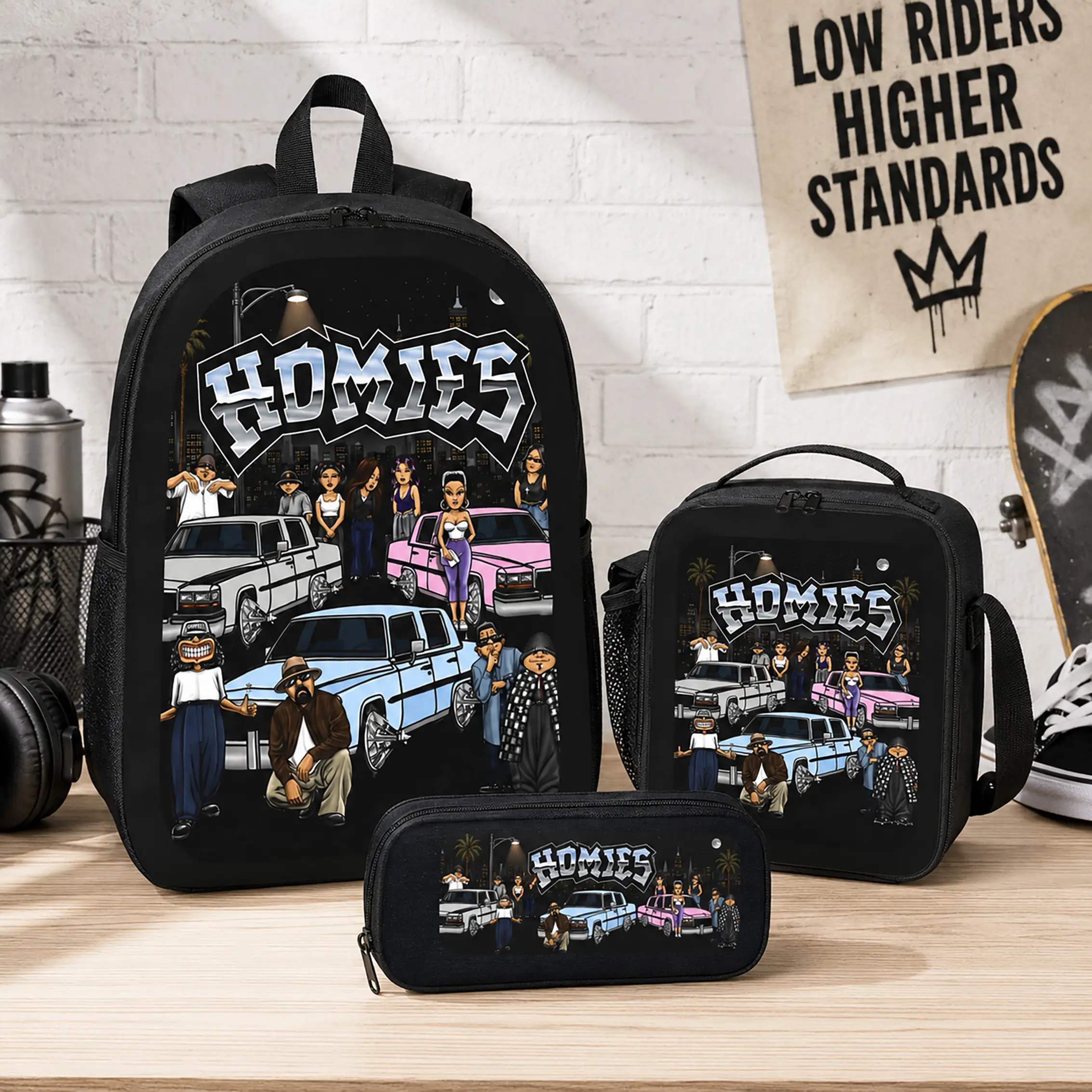 HOMIES 3 Piece Backpack Set Polyester Backpack Lunch Bag Pencil Case Large Capacity Lightweight Breathable Urban Street Style Lowrider Car Graphic Cartoon Bookbag Back To School Travel Daily Use For Kids Boys Girls Teens Students