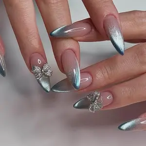 Elegant French Style Bow Cat Eye Nails, 24pcs Boxed Sparkling Wearable Nail Tips, Perfect for Stylish Manicures