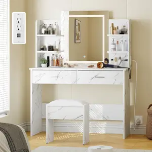 Vanity Desk with Lighted Mirror - Makeup Vanity Set with Power Outlet/Cushioned Stool - Vanity Table with 6 Storage Shelves - 2 Large Drawers and 3 Color Light Adjustable Brightness - Marble White