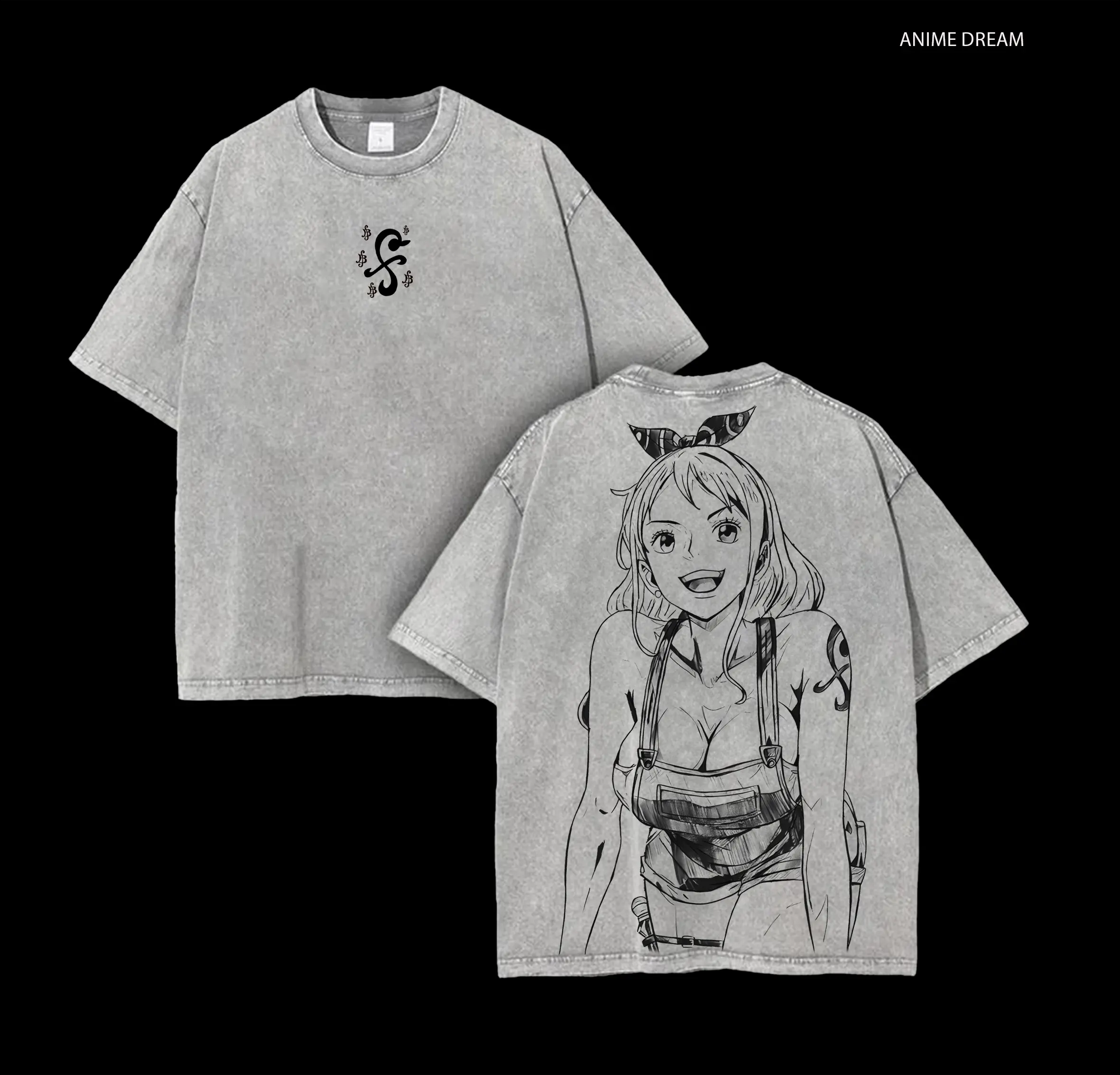 Nami One Piece Anime Double Printed Vintage Washed Tee Unisex Oversize Anime Manga Washed Heavyweight Cotton T-shirt