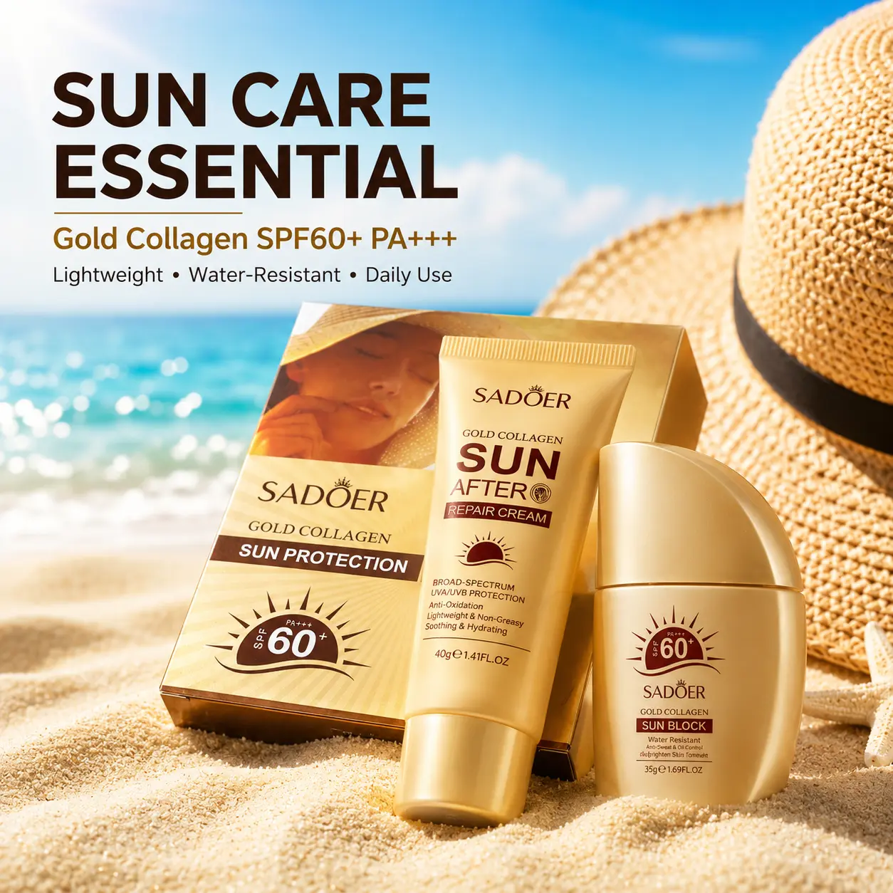Gold Collagen Sun Care Kit with SPF 60+ Sunscreen and After Sun Cream, 2-Piece Set for Face & Body, Lightweight Daily Protection for Adults, Water Resistant, Commuting