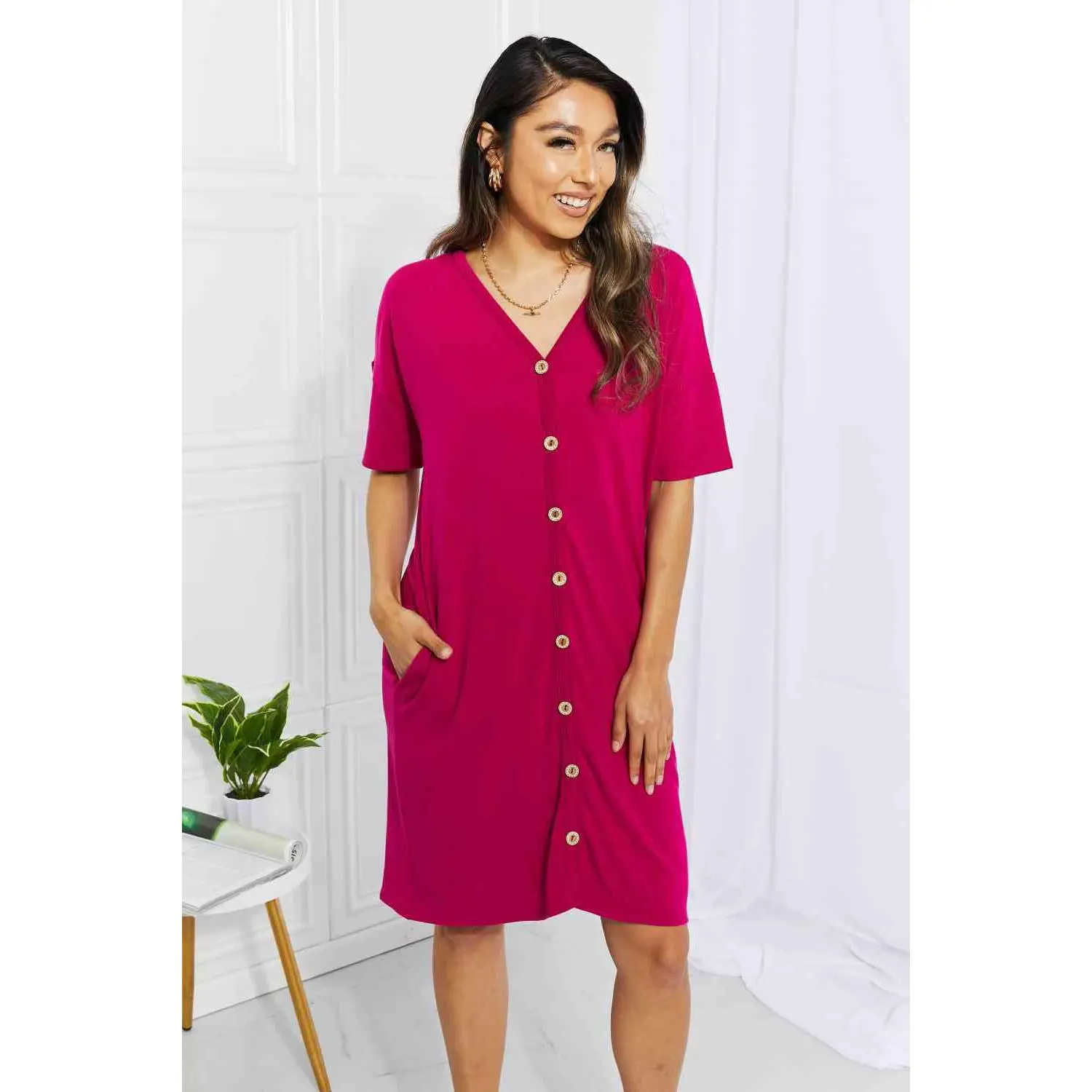 BOMBOM Sunday Brunch Button Down Knee-Length Dress in Magenta