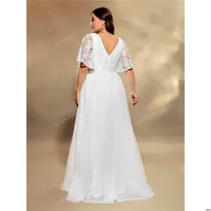 Dress Elegant White - V s Women Size Plus Neck Lace Splicing Wedding Bridal Shower