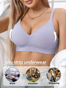 Women's Wireless Jelly Bra, Deep V Design, Medium Support, Three-Quarter Cup, Casual Fitted Lined Underwear, All Seasons