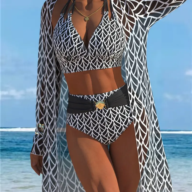 Women's Fashion Split Three-Piece Swimsuit, Stylish Swimwear Set, Summer Swimsuits, Fashion Beachwear Swimwear, Bathing Suits, Perfect for Beach & Pool, Comfortable & Trendy Design