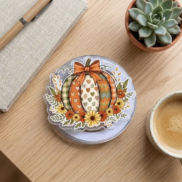 Patchwork Pumpkin Magnetic Phone Grip & Kindle Grip, Floral Fall Phone Holder Stand, Cute Autumn Kindle Grip, Thanksgiving Gift