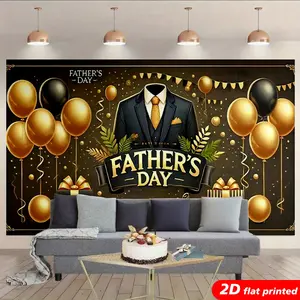Father's Day Tapestry Wall Hanging, Black Gold Suit Balloon Gift Box Design, 2D Flat Printed Polyester Backdrop for Dad Party, Home Decor, Photo Booth, Living Room Bedroom, Father's Day Gift for Dad, Father's Day Decoration, Smooth, Curtain proposal
