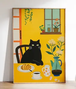 Black Cat Eating Breakfast Poster, Coffee Croissant Flowers Yellow Posters Gift For Animal Lovers, Fun Bar Decor Home Bedroom