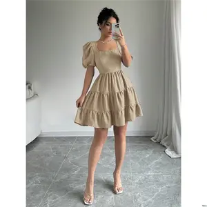 New 2025 Hem Travel Leisure Bowknot Spring Beach s Women Rafferiza Romantic Elegant Concert Outfit Summer Dress Boho Puff Sleeve Backless Vacation Ruffle Khaki