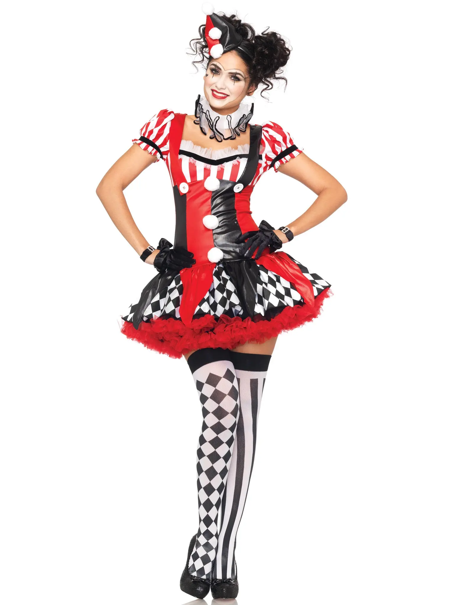 Women's Harlequin Clown Costume - Sexy Flared Top, Skirt, Dress Set for Themed Events