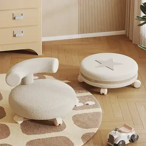 Cream-colored backrest low stool, suitable for children and adults, rolling and rotating footstool with caster wheels, multifunctional for home use, suitable for living room, kitchen, bathroom, sturdy wheeled children's chair, ideal for playroom or study