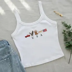Embroidered USA Icons Tank Top, Patriotic Flag Baby Tee, 4th of July Crop Tank, Country Western Style, American Girl Tee, Independence Day