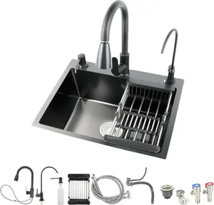 19.7x17.7in Kitchen Sink, Stainless Steel Kitchen Basin with Pull-Down Faucet, In/Topmount Single Bowl Workstation withMultiple Accessories for Modern Kitchens, Farmhouse Workstation, Black