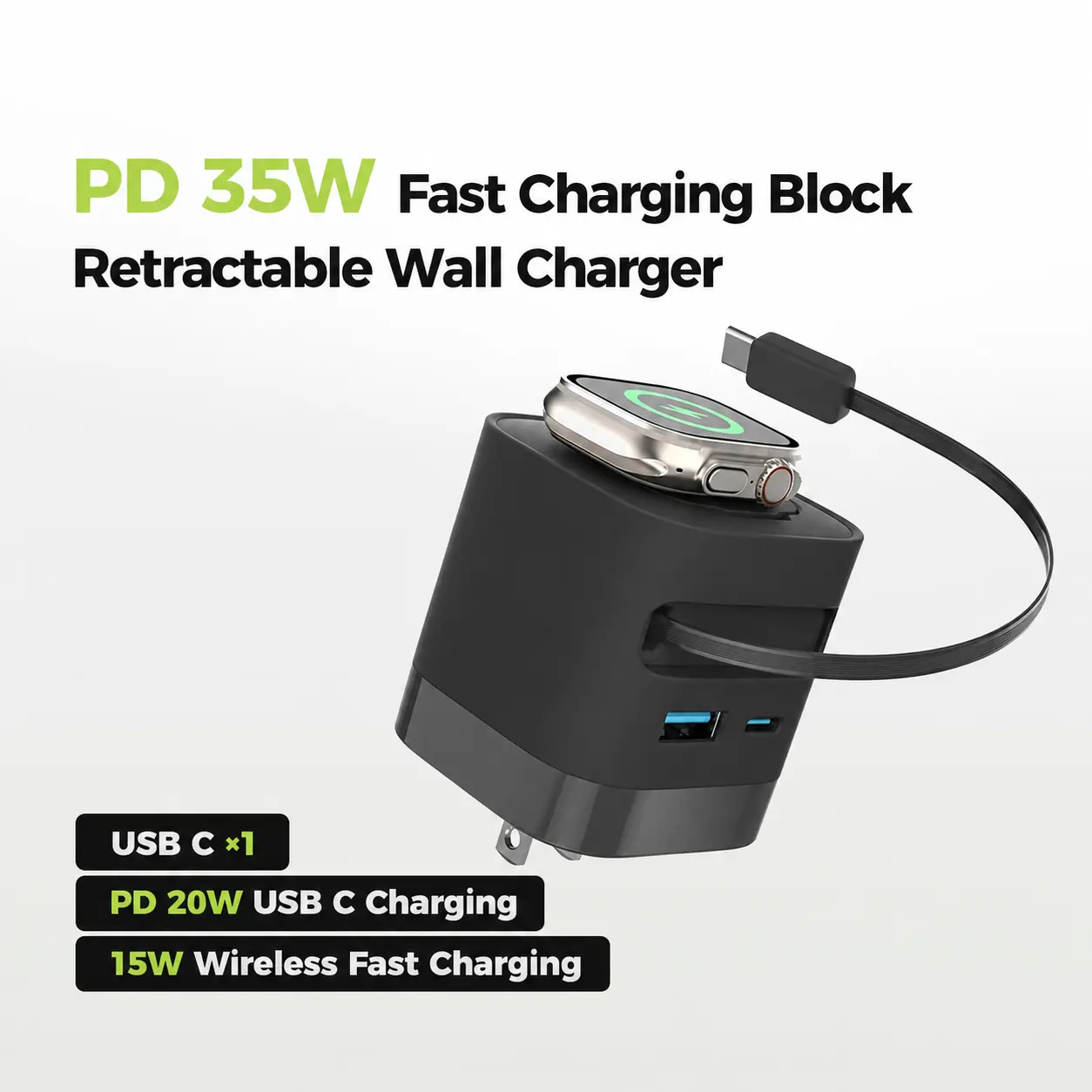 Charging Block for Apple Watch, 35W Retractable Wall Charger USB C Built in Wireless Smart Watch Charging and Foldable Plug, Charger Block Compatible with iPhone, AirPods, iWatch