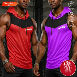 Men’s two-piece set: a summer compression sleeveless tank top with a drawstring hood for casual sports and gym workouts, suitable for bodybuilding, outdoor leisure, and men’s apparel.