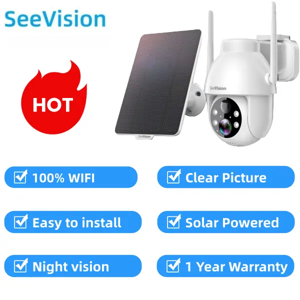 SeeVision Solar WIFI White Security Cameras ，PIR Motion Wireless Outdoor,1080P HD Clear PictureSiren, Color Night Vision, 2-Way Talk, SD/Cloud Storage，1 Year Warranty